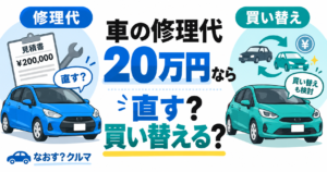 修理代20万円の見積書と青い車、買い替えを表す2台の車を並べたイラスト